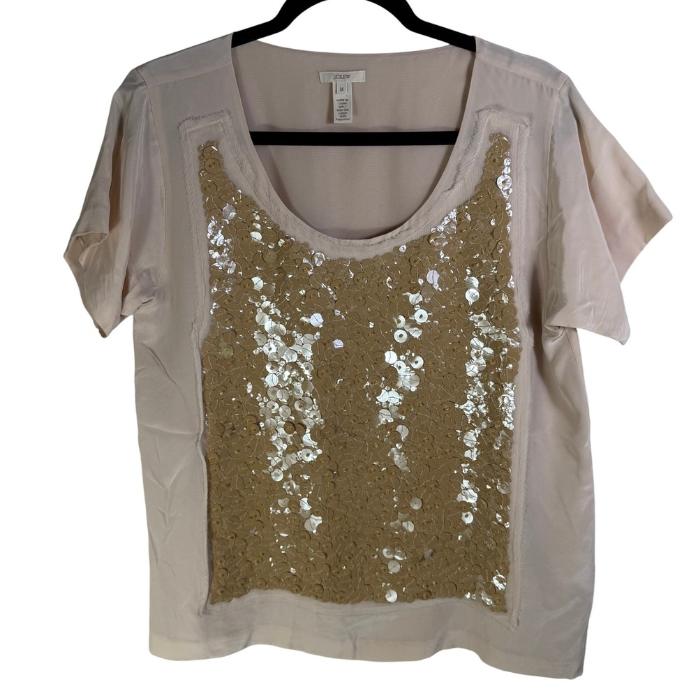 J.Crew Womens Pink Silk Sequin Short Sleeve Top Scoop Neck Blush Gold Size M